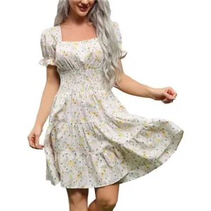 Women's Smocked Waist Dress Square Neck, Pink#floral