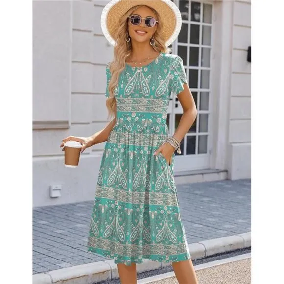 Women's Summer Short Sleeve A-Line Midi Dresses Casual Floral T-Shirt