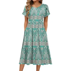 Women's Summer Short Sleeve A-Line Midi Dresses Casual Floral T-Shirt