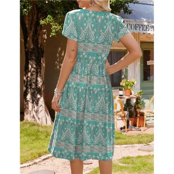 Women's Summer Short Sleeve A-Line Midi Dresses Casual Floral T-Shirt