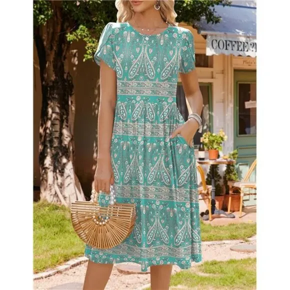 Women's Summer Short Sleeve A-Line Midi Dresses Casual Floral T-Shirt