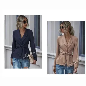 Women's V Neck Blazer Jacket Self Tie Knot Navy Blue or Khaki