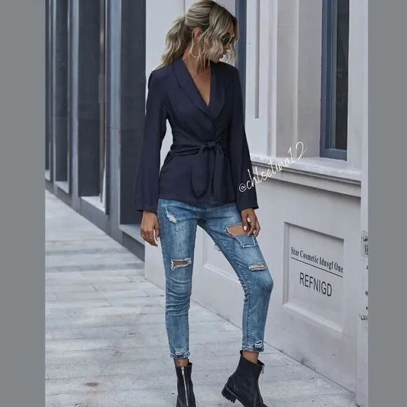 Women's V Neck Blazer Jacket Self Tie Knot Navy Blue or Khaki