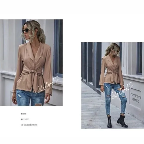 Women's V Neck Blazer Jacket Self Tie Knot Navy Blue or Khaki