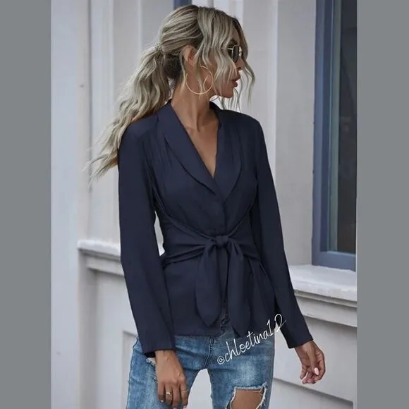 Women's V Neck Blazer Jacket Self Tie Knot Navy Blue or Khaki