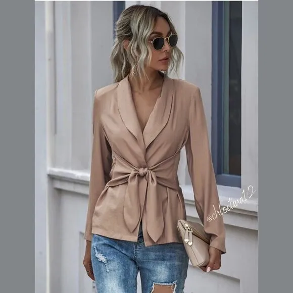 Women's V Neck Blazer Jacket Self Tie Knot Navy Blue or Khaki
