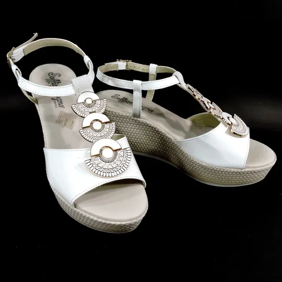 Women's white leather platform wedge sandals