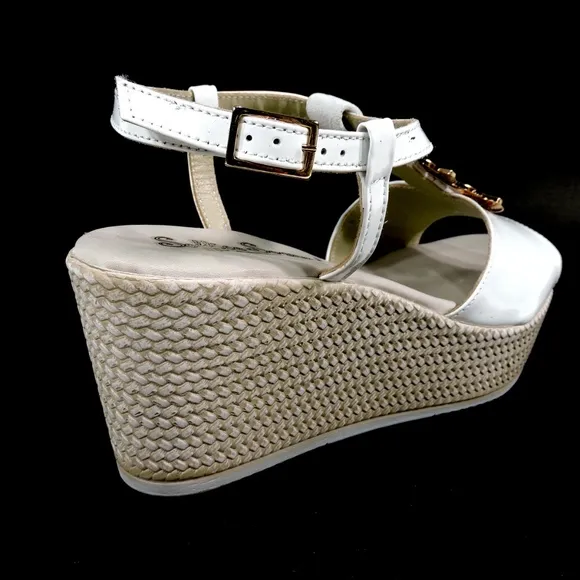 Women's white leather platform wedge sandals