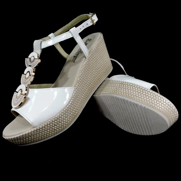 Women's white leather platform wedge sandals
