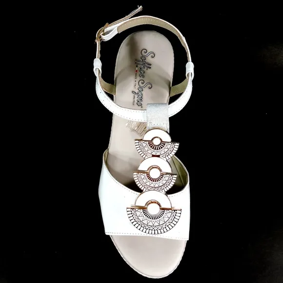 Women's white leather platform wedge sandals
