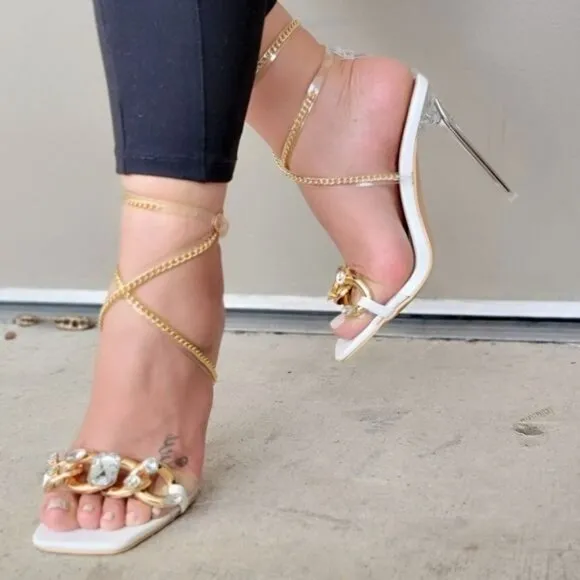 Womens White Strappy  Rhinestones Chain Sandals