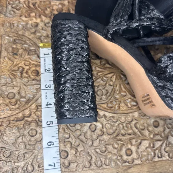 Woven Platform Sandals with Block Heel in Black