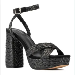Woven Platform Sandals with Block Heel in Black