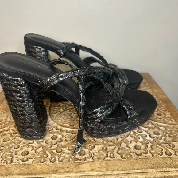 Woven Platform Sandals with Block Heel in Black