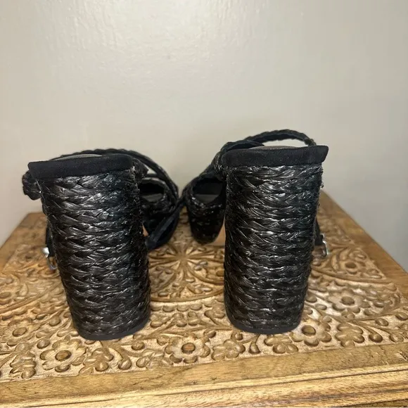 Woven Platform Sandals with Block Heel in Black