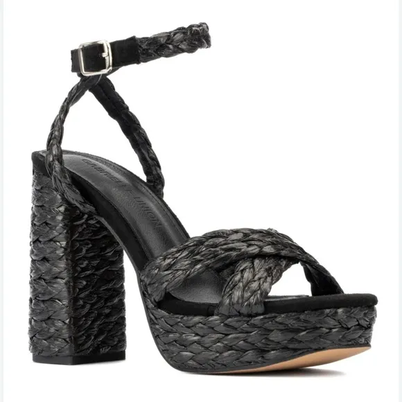 Woven Platform Sandals with Block Heel in Black