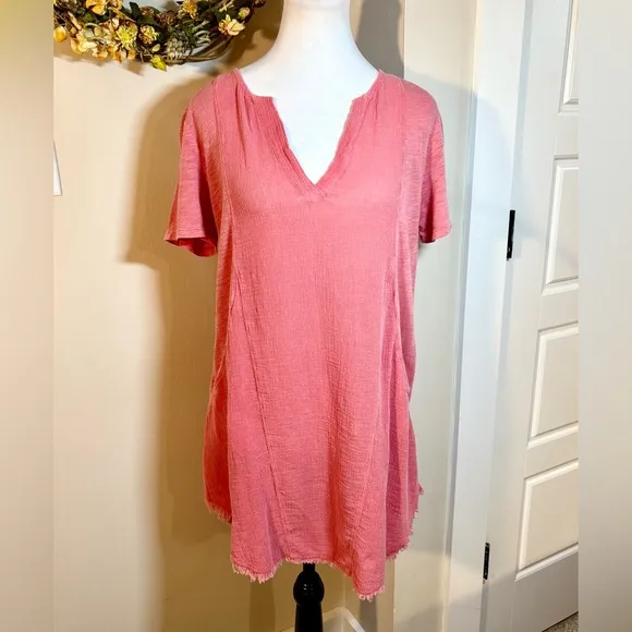 XCVI Edlyn Lightweight Gauze Blend Curved Hem V-Neck Dress w/Pockets NWT Sz S