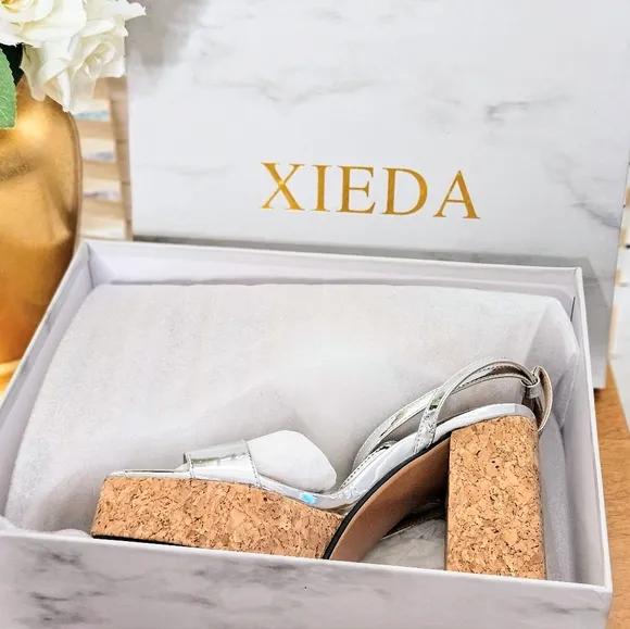 XIEDA Women's Silver Cork Platform  Sandals Size 7