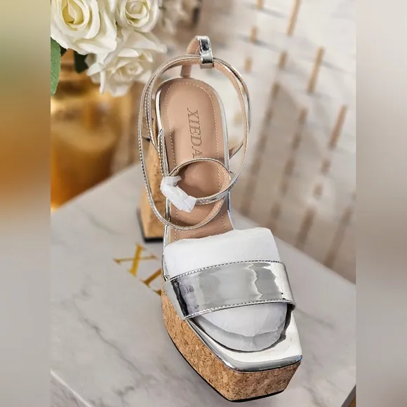 XIEDA Women's Silver Cork Platform  Sandals Size 7
