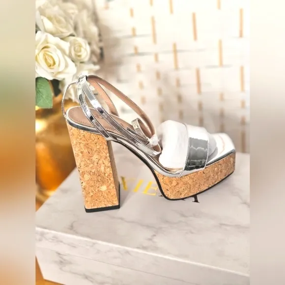 XIEDA Women's Silver Cork Platform  Sandals Size 7