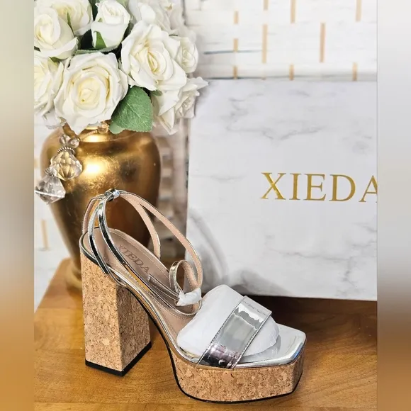 XIEDA Women's Silver Cork Platform  Sandals Size 7