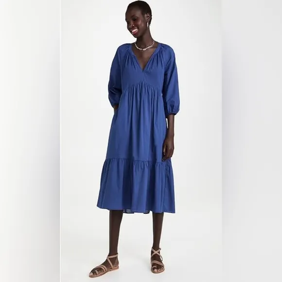XIRENA EUC Sz L Vie Dress cotton poplin Blue Swingy Midi Dress with Puff Sleeves