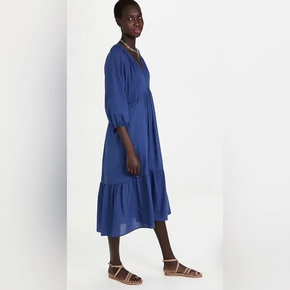 XIRENA EUC Sz L Vie Dress cotton poplin Blue Swingy Midi Dress with Puff Sleeves
