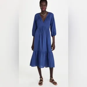 XIRENA EUC Sz L Vie Dress cotton poplin Blue Swingy Midi Dress with Puff Sleeves