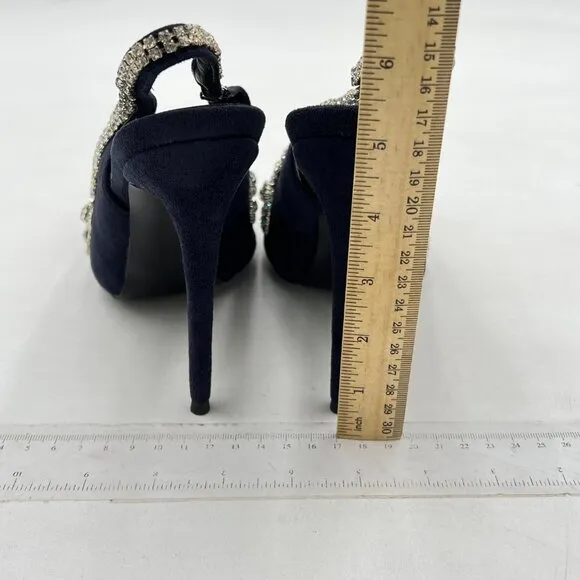 XYD Navy Crystal Pointed Toe High heel Studded Slingback Rhinestones Sandal
