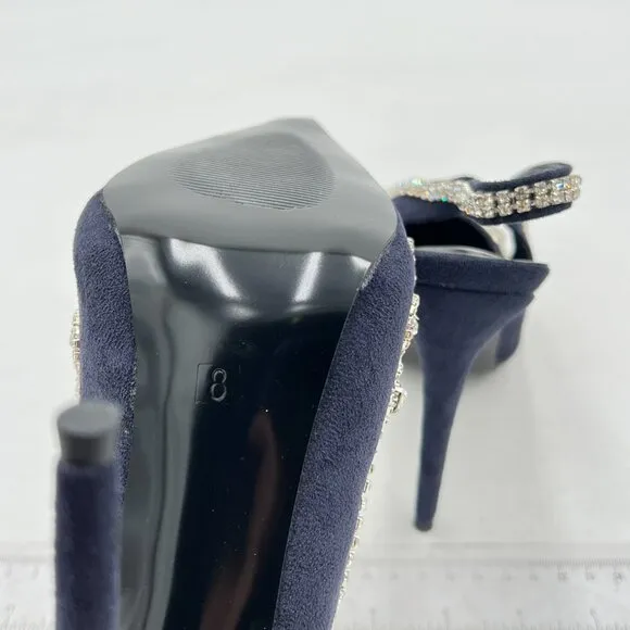 XYD Navy Crystal Pointed Toe High heel Studded Slingback Rhinestones Sandal