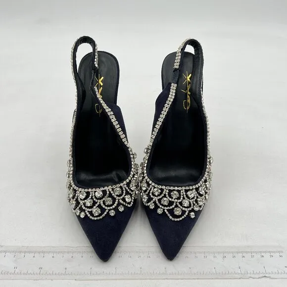 XYD Navy Crystal Pointed Toe High heel Studded Slingback Rhinestones Sandal