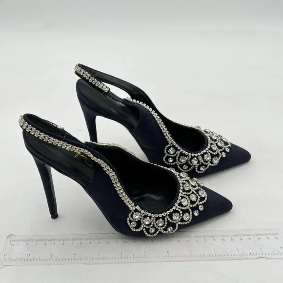 XYD Navy Crystal Pointed Toe High heel Studded Slingback Rhinestones Sandal