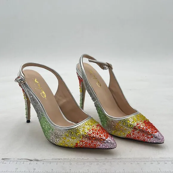 XYD Rainbow Pointed Toe Pumps Rhinestones Slingback High Heels Sandal Dress Shoe