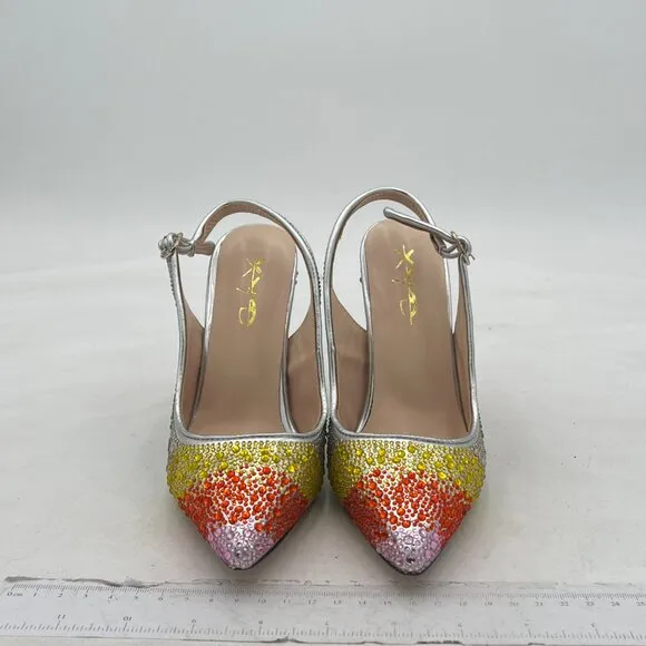 XYD Rainbow Pointed Toe Pumps Rhinestones Slingback High Heels Sandal Dress Shoe