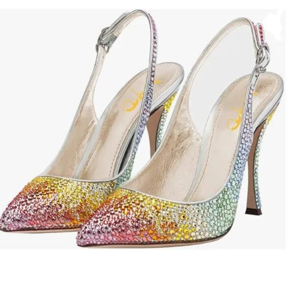XYD Rainbow Pointed Toe Pumps Rhinestones Slingback High Heels Sandal Dress Shoe