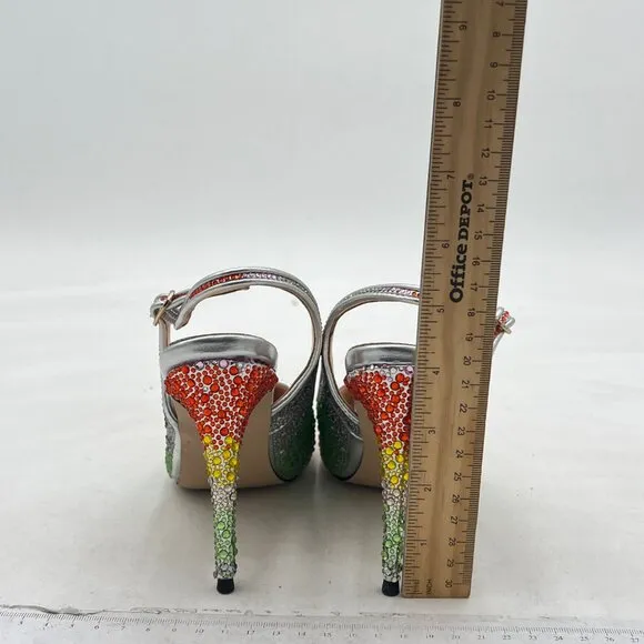 XYD Rainbow Pointed Toe Pumps Rhinestones Slingback High Heels Sandal Dress Shoe