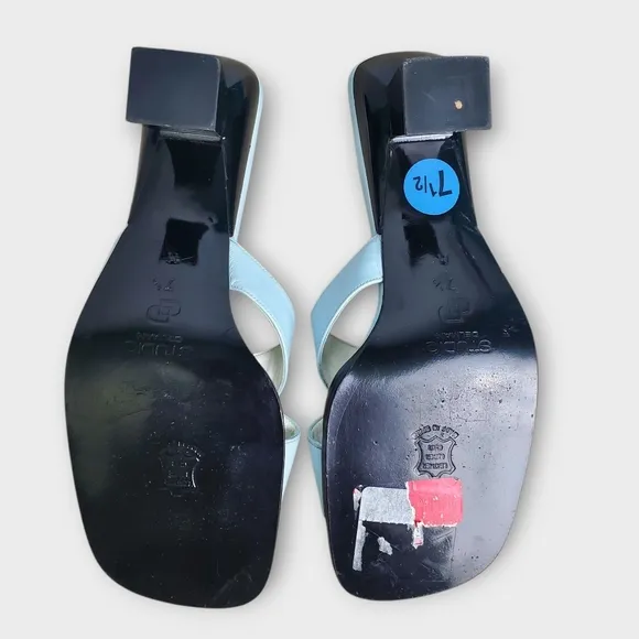 Y2K Light Blue Leather Slide Sandals Square Toe Block Heel Size 7.5