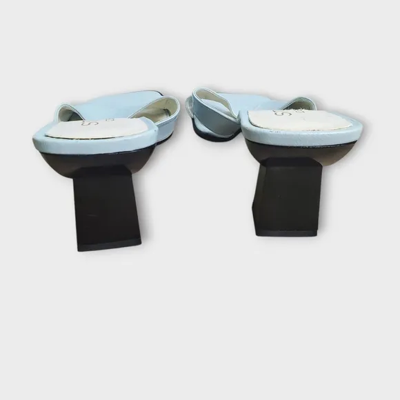 Y2K Light Blue Leather Slide Sandals Square Toe Block Heel Size 7.5