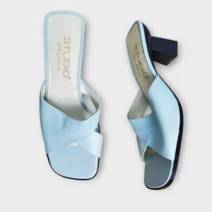 Y2K Light Blue Leather Slide Sandals Square Toe Block Heel Size 7.5