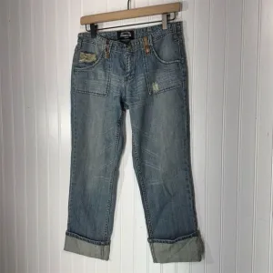Y2K Squeeze Capri Jeans Patchwork Lace Trim Low Rise Cuffed Hem Size 7 McBling