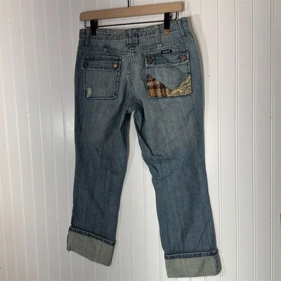 Y2K Squeeze Capri Jeans Patchwork Lace Trim Low Rise Cuffed Hem Size 7 McBling