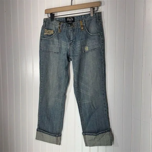 Y2K Squeeze Capri Jeans Patchwork Lace Trim Low Rise Cuffed Hem Size 7 McBling