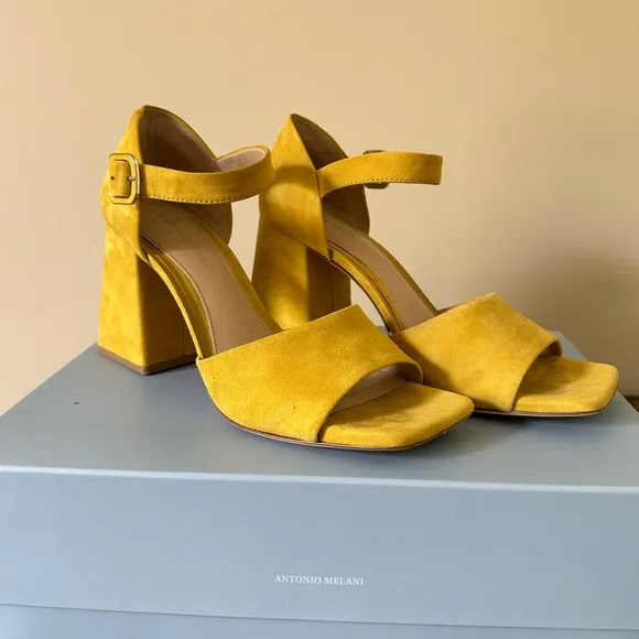 Yellow suede block heels open toe
