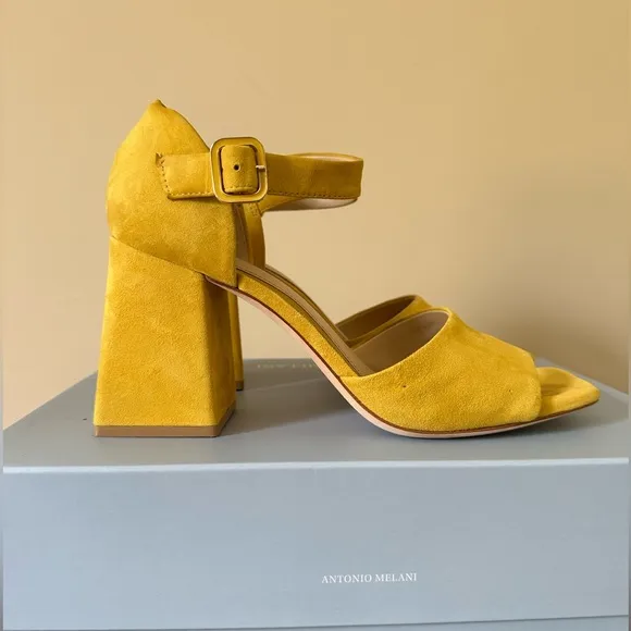 Yellow suede block heels open toe