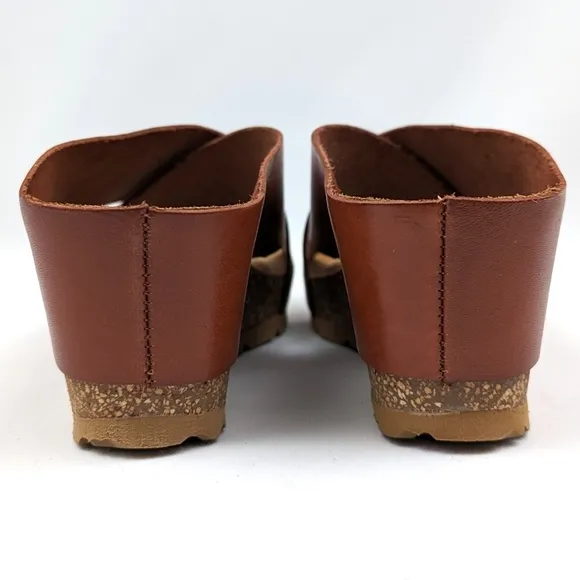 Yokono Criss Cross Cork Wedge Leather Sandals Slip On Cognac Brown size 6.5