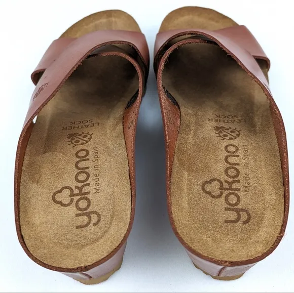 Yokono Criss Cross Cork Wedge Leather Sandals Slip On Cognac Brown size 6.5