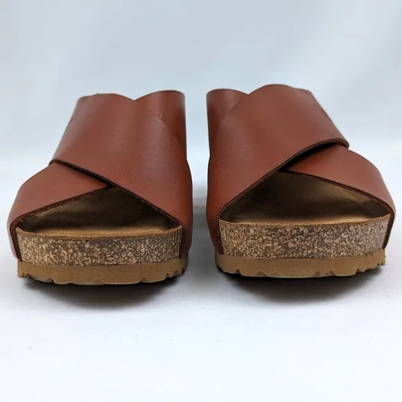 Yokono Criss Cross Cork Wedge Leather Sandals Slip On Cognac Brown size 6.5