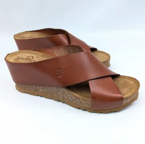 Yokono Criss Cross Cork Wedge Leather Sandals Slip On Cognac Brown size 6.5