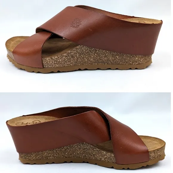 Yokono Criss Cross Cork Wedge Leather Sandals Slip On Cognac Brown size 6.5