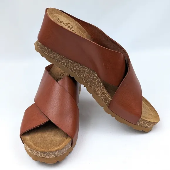 Yokono Criss Cross Cork Wedge Leather Sandals Slip On Cognac Brown size 6.5